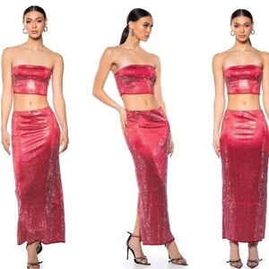 AKIRA Decision Maker Rhinestone Embellished Maxi Skirt & Tube Top Set in Red M